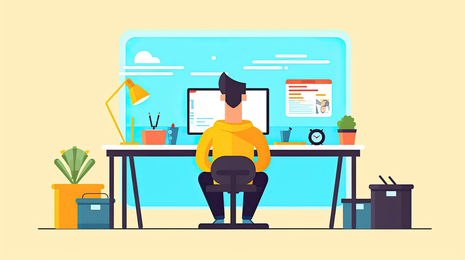 PCの前に座る男性